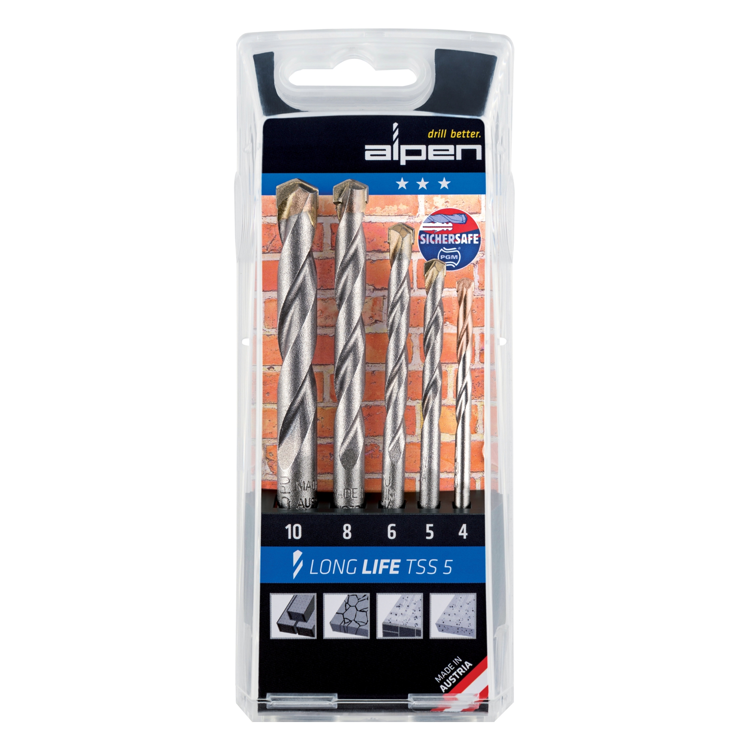 Alpen Masonry Drill Bit Set 5 Piece Long Life 4, 5, 6, 8, 10
