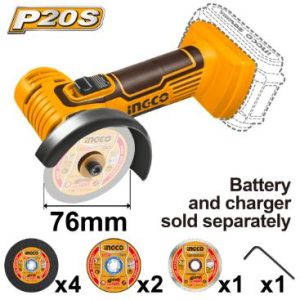 Ingco 20V 76mm Angle Grinder with Discs