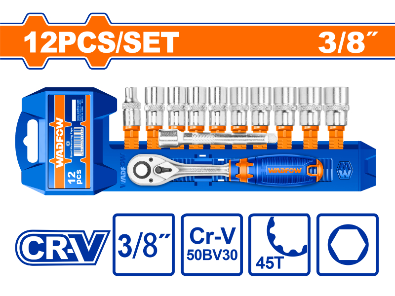 Wadfow Socket Set Cr-V 3/8" 45t 12-Piece