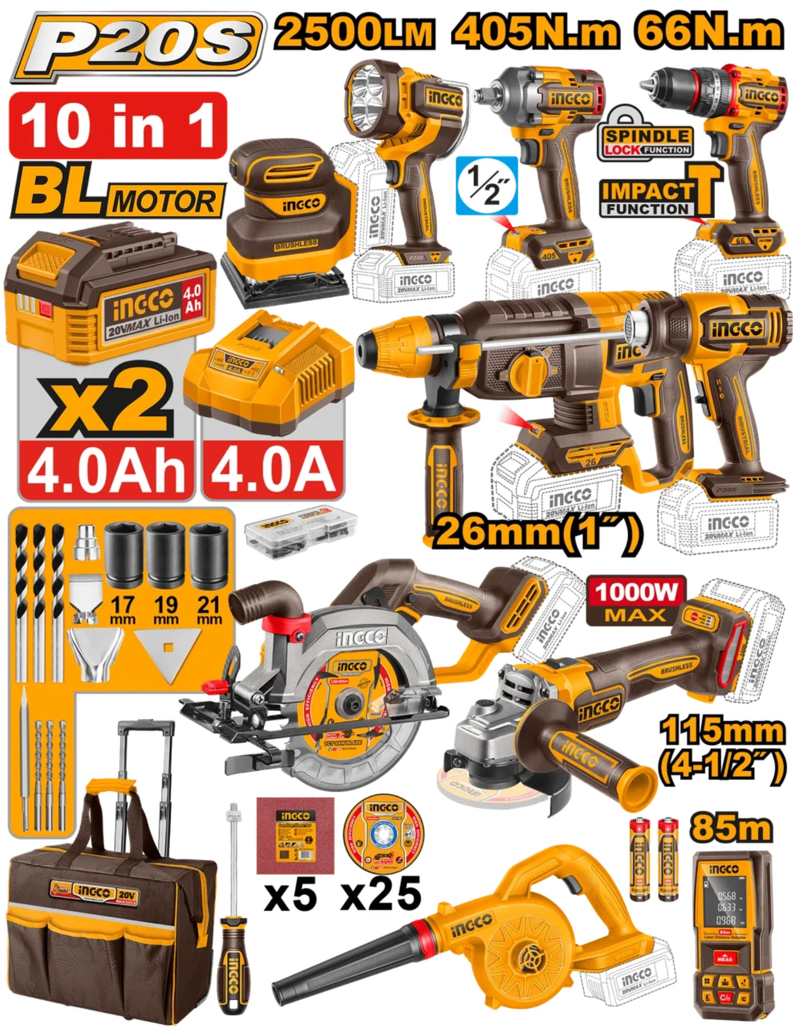 Ingco Industrial Combo 10 in 1 Piece 20V PS CL